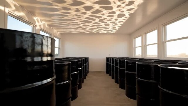 Black barrels lined up in bright room with light pattern ceiling.