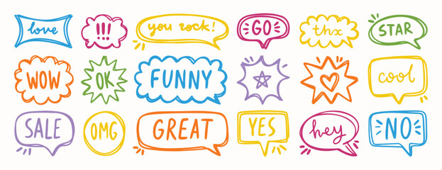 Bright hand drawn speech bubbles with short fun messages, decorative elements for design