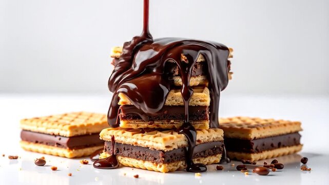 A stack of chocolate filled waffles is drenched in dark chocolate, served on a white surface