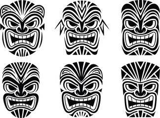 Set of Geometric Tribal Tiki Mask Vector Illustration