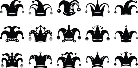 Jester hat silhouette icon set. Black joker cap vector collection. Funny fool crown symbol group for carnival, circus, and holiday design