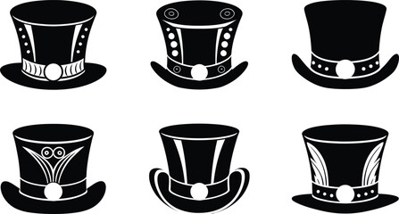 Vintage Black Top Hat Silhouettes Vector Collection with Feathers and Ornaments