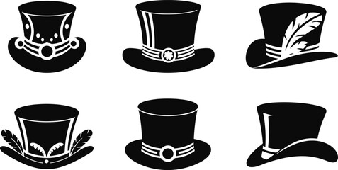 Vintage Black Top Hat Silhouettes Vector Collection with Feathers and Ornaments