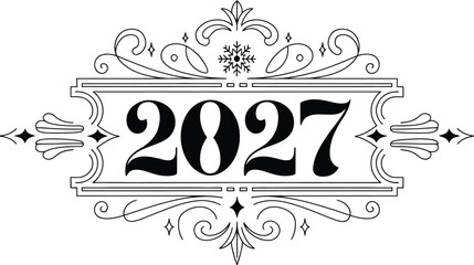 2027 New Year vintage lettering with snowflake and ornamental frame vector illustration