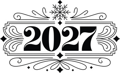 2027 New Year vintage lettering with snowflake and ornamental frame vector illustration