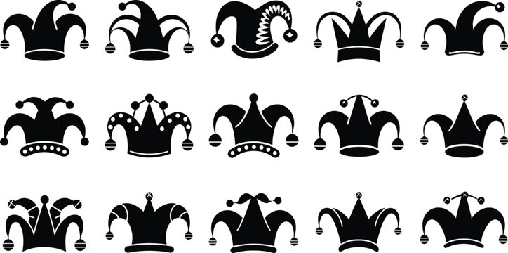 Jester hat silhouette icon set. Black joker cap vector collection. Funny fool crown symbol group for carnival, circus, and holiday design