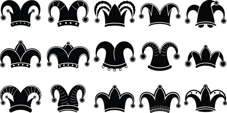 Jester hat silhouette icon set. Black joker cap vector collection. Funny fool crown symbol group for carnival, circus, and holiday design
