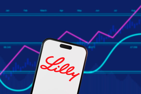 Perrysburgh,Ohio,USA-January 20 2025: Eli Lilly logo on a smartphone screen with financial charts. Concept for pharmaceutical industry stocks, healthcare trading, and biotech markets