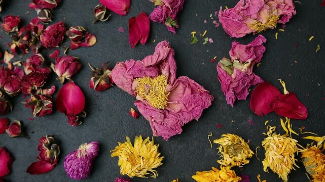 Dried pink and red rose petals and flowers scattered on a dark surface.