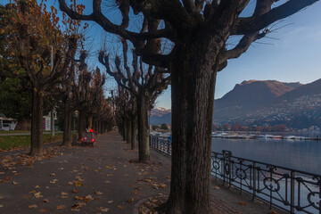 Fototapeta premium Morning view of promenade in front of lake with the municipal sweeper who collects the leaves. Lugano, Ticino, Switzerland