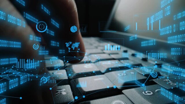 A close-up view of a hand pressing keys on a laptop keyboard, overlaid with digital data elements emphasizing modern technology and data analysis themes. Xenic