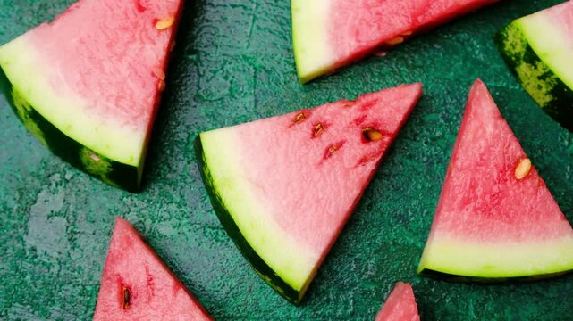 Fresh watermelon slices arranged on a textured green surface, showing vibrant pink pulp and rind.