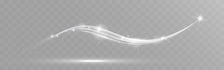 Abstract white glowing star trail with sparkling particles isolated on transparent background