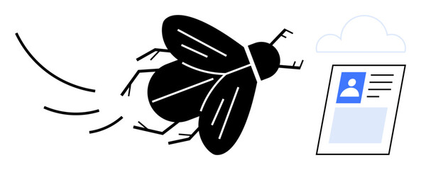 Digital security threat. A visual of an insect malware approaching user profile data highlights a digital security threat. Useful for cybersecurity awareness and data protection . Ideal for topics