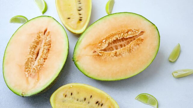 Sweet cantaloupe halves and yellow melon slices with lime wedges on a light surface