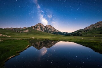 A tranquil mountain landscape at night under a starry sky, with the Milky Way visible, reflected in a calm, dark lake, surrounded by rolling green hills and majestic peaks.