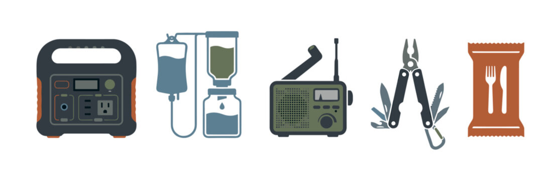 Set of survival and emergency preparedness equipment including a portable power station, water filter, radio, multi-tool, and food ration in a flat vector icon style