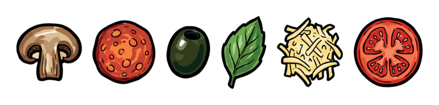 Set of hand-drawn pizza topping ingredients featuring a mushroom, pepperoni, olive, basil, shredded cheese, and a tomato slice in a colorful cartoon illustration style
