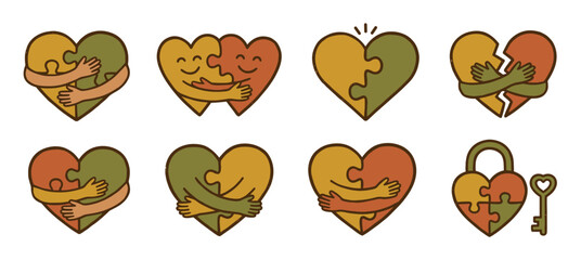 Collection of heart puzzle illustrations symbolizing love and connection, featuring hugging characters, a mended broken heart, and a padlock with a key in a warm, hand-drawn doodle style