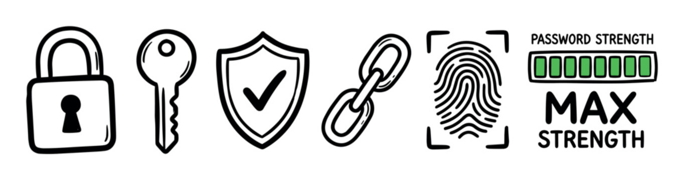 Hand-drawn set of security icons including a padlock, key, shield, chain, fingerprint, and password strength meter in a simple black and white doodle style with a green accent