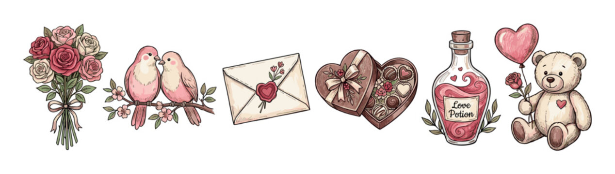 Collection of hand-drawn Valentine's Day illustrations featuring a rose bouquet, lovebirds, a sealed letter, a heart-shaped box of chocolates, a love potion, and a teddy bear