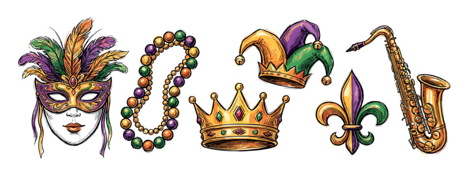 Colorful hand-drawn set of Mardi Gras celebration symbols including a mask, beads, crown, jester hat, saxophone, and fleur-de-lis in a festive sketch style illustration