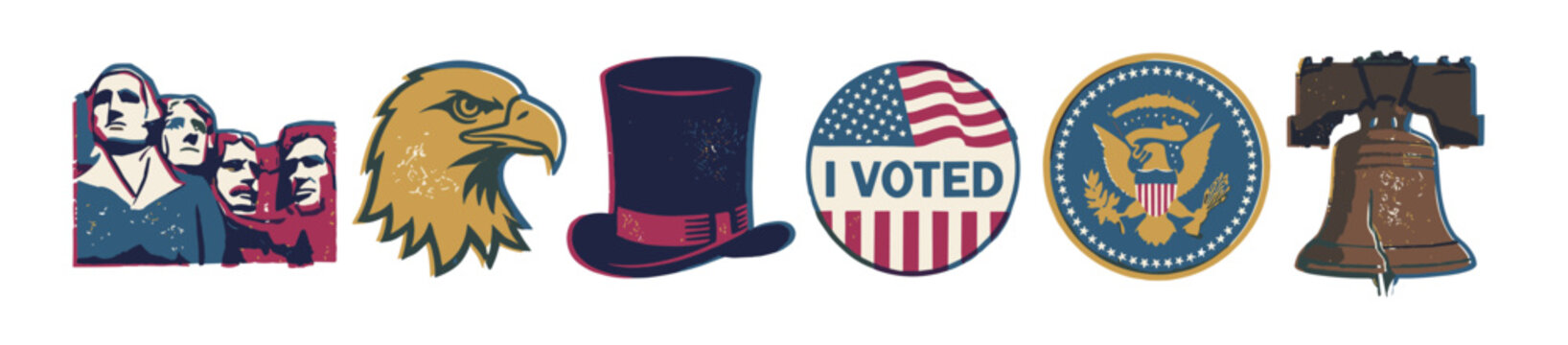 Collection of patriotic national symbols including a presidential monument, eagle, top hat, voting sticker, great seal, and historic bell in a distressed, graphic illustration style