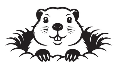 Smiling Groundhog Peeking out of Burrow, Isolated on White, Black and White Illustration
