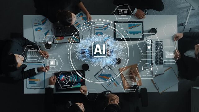 A top-down view of a diverse group of professionals engaged in a collaborative meeting focused on artificial intelligence trends, featuring digital data visualizations and modern technology. Raster