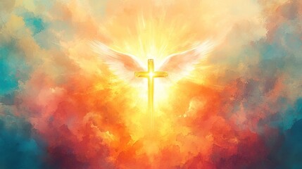 A painting of a cross with wings and a sun behind it. The painting has a bright and colorful atmosphere, with the sun and wings creating a sense of hope and freedom
