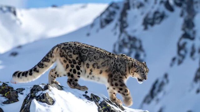 Snow leopard walks on snowy rocks against a backdrop of snowy mountains and a blue sky