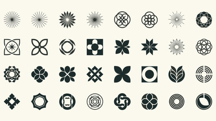 Collection of abstract geometric shapes and patterns in black and white