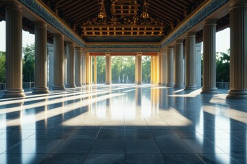 Grand interior of an ancient temple or palace with massive columns, intricate golden ceiling details, and sunlight streaming through open doorways, casting long shadows.
