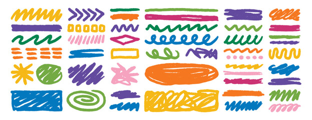 Hand drawn wax crayon doodle strokes colorful sketch art set