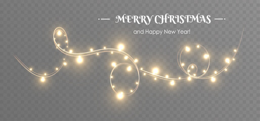 Festive golden glowing fairy light garland swirl for christmas greeting isolated on transparent background
