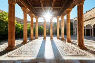 Sunbeams streaming through ancient colonnades with intricate mosaic flooring, casting long shadows across a courtyard bathed in bright sunlight, evoking historical grandeur and architectural beauty.
