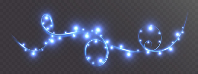 Blue glowing fairy light garland swirl isolated on transparent dark background