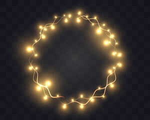 Golden glowing fairy light wreath circle isolated on transparent dark background