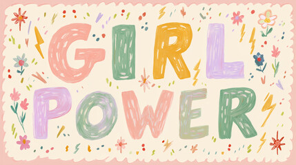 Colorful hand-painted lettering spelling &ldquo;Girl Power&rdquo; with playful floral and decorative elements.