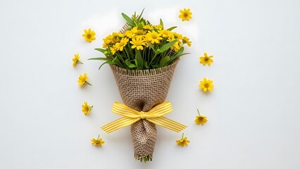 Beautiful bouquet of yellow flowers wrapped in burlap with ribbon