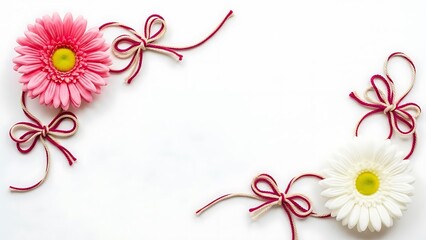 Obraz premium Beautiful pink and white flowers with ribbon on white background