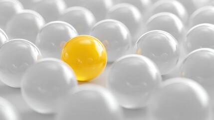 A group of white balls surrounds a single yellow ball on a flat and even surface. The yellow ball catches attention due to its distinct color and placement.