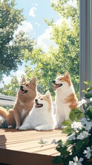 Three adorable corgi dogs sitting together on a wooden deck, bathed in sunlight, with lush green foliage and white flowers in the foreground, conveying warmth and companionship.