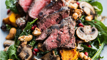 Gourmet sliced steak served over a fresh salad with mushrooms, greens, and roasted vegetables.