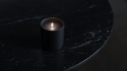 Lit black candle on a dark marble surface creating a calm, moody atmosphere.