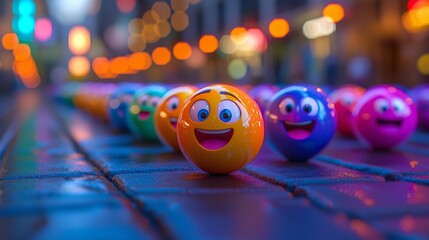 Colorful emoji balls rolling down a city street illuminated by evening lights
