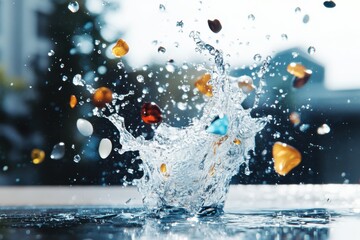 High-speed macro photograph of a water splash with colorful pebbles being thrown into the air, capturing the dynamic motion and intricate details of liquid and solid elements colliding.