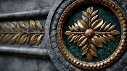 Close-up of ancient Greek wall ornament, with gold leaves and wheat stalks in relief, on dark green marble with gray stone accents. Detailed and elegant, traditional Hellenistic art.
