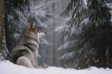Gray wolf resting in a snowy forest, looking into the distance among frost-covered trees.