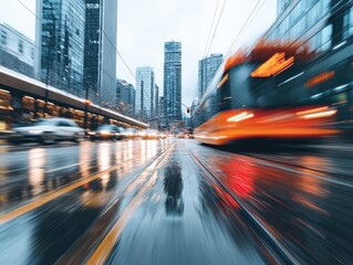 Dynamic motion blur of an orange tram on wet city street with reflections of skyscrapers and car lights at dusk, urban commute, transportation concept, vibrant city life